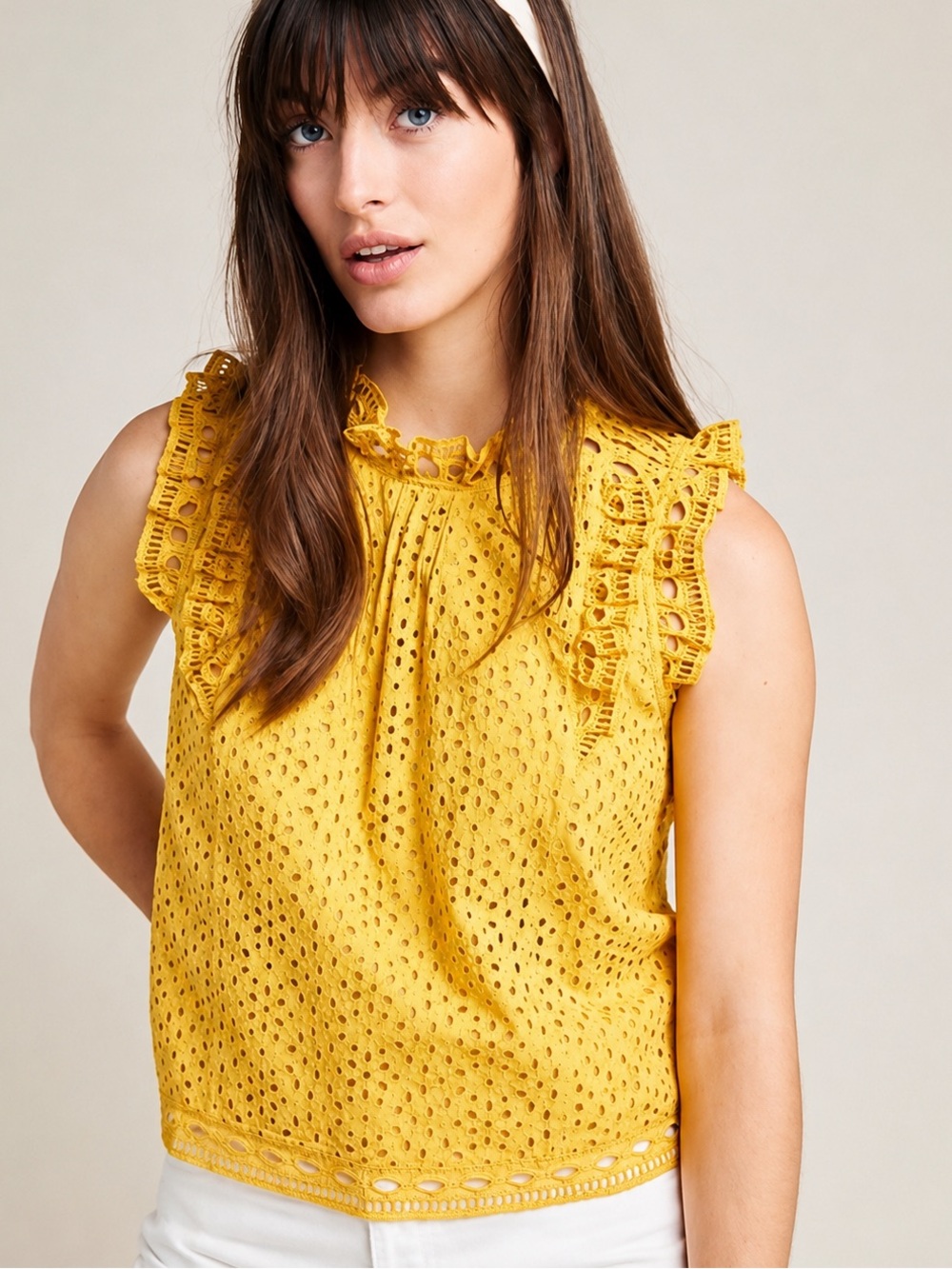 Anthropologie Maeve Tilly Yellow Eyelet Ruffle Top Romantic Boho Cottagecore 4